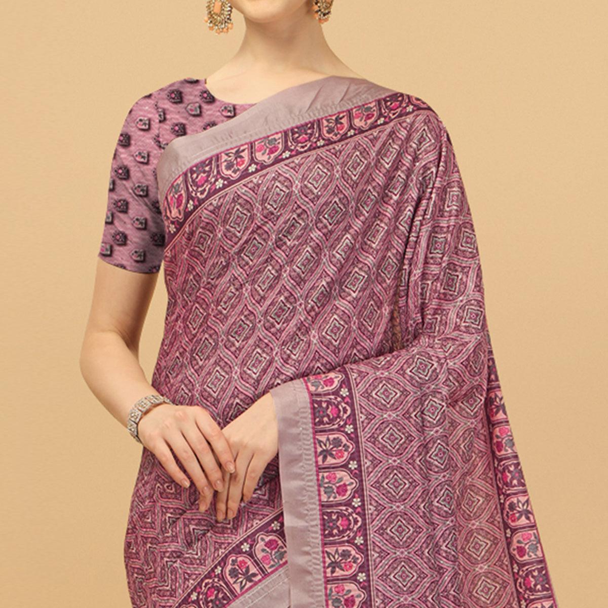 Light Purple Printed With Sequins Embroidered Cotton Silk Saree