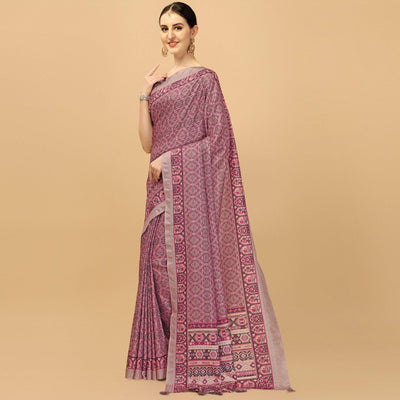 Light Purple Printed With Sequins Embroidered Cotton Silk Saree