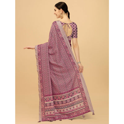 Light Purple Printed With Sequins Embroidered Cotton Silk Saree