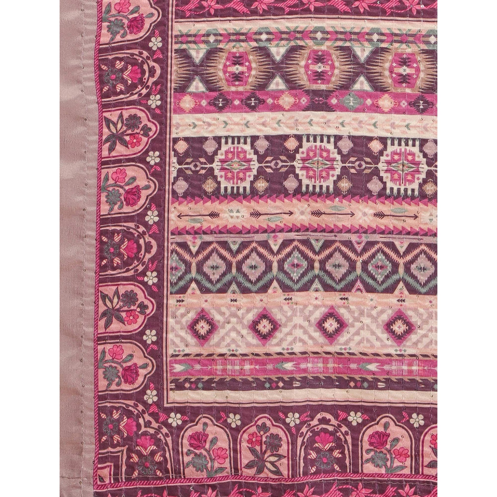 Light Purple Printed With Sequins Embroidered Cotton Silk Saree