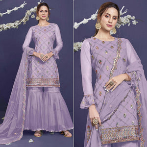 Light Purple Sequins Embroidered Netted Sharara Suit