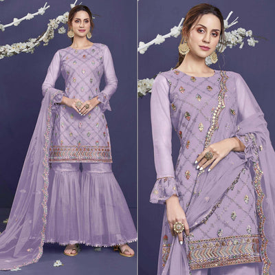 Light Purple Sequins Embroidered Netted Sharara Suit