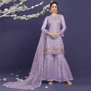 Light Purple Sequins Embroidered Netted Sharara Suit