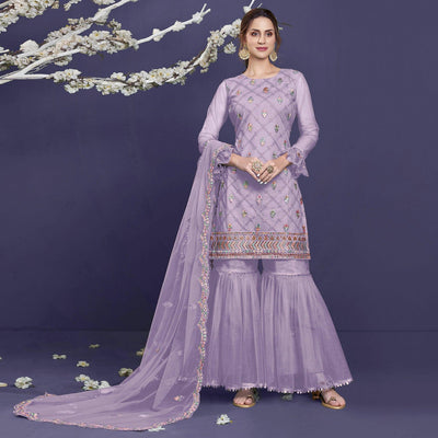 Light Purple Sequins Embroidered Netted Sharara Suit
