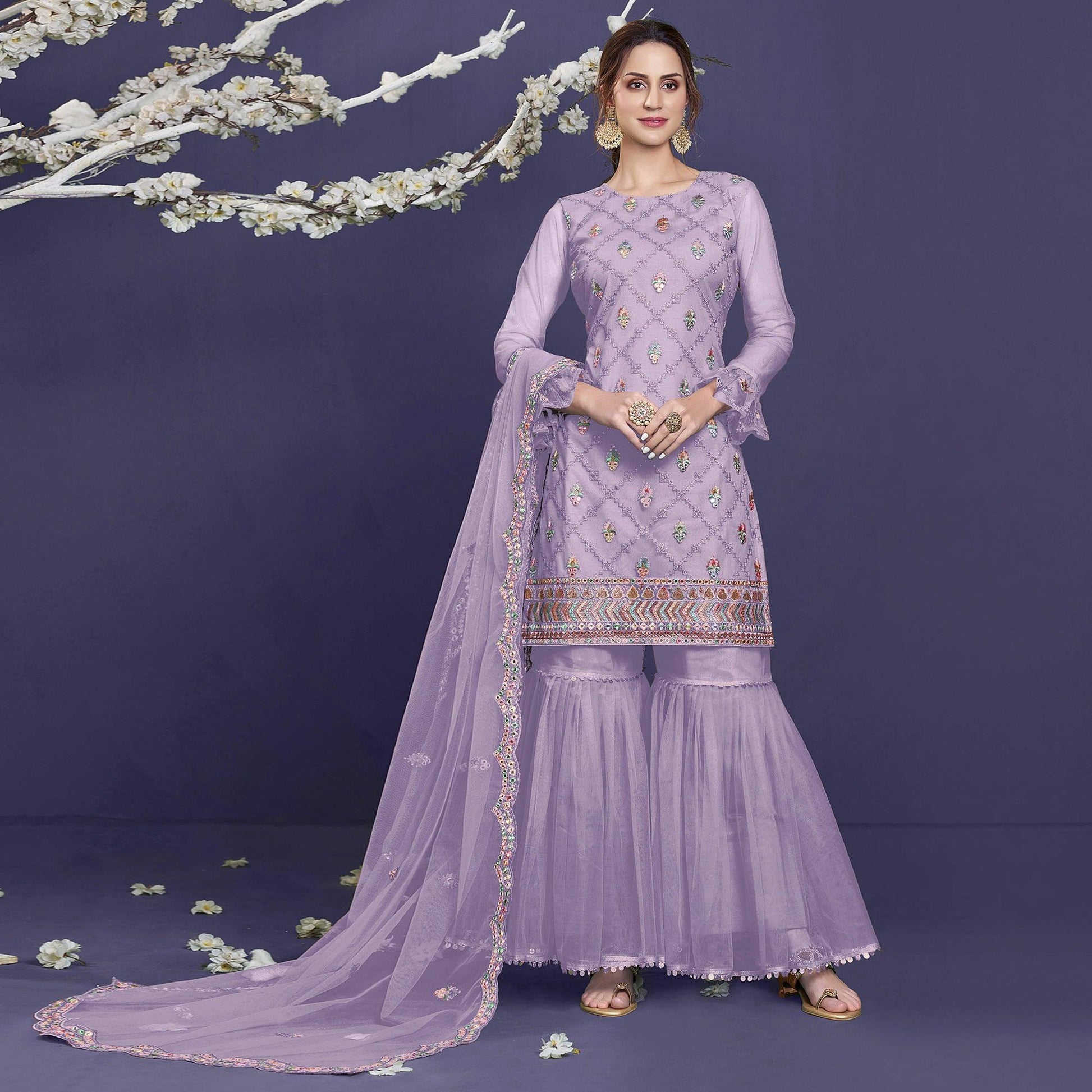 Light Purple Sequins Embroidered Netted Sharara Suit