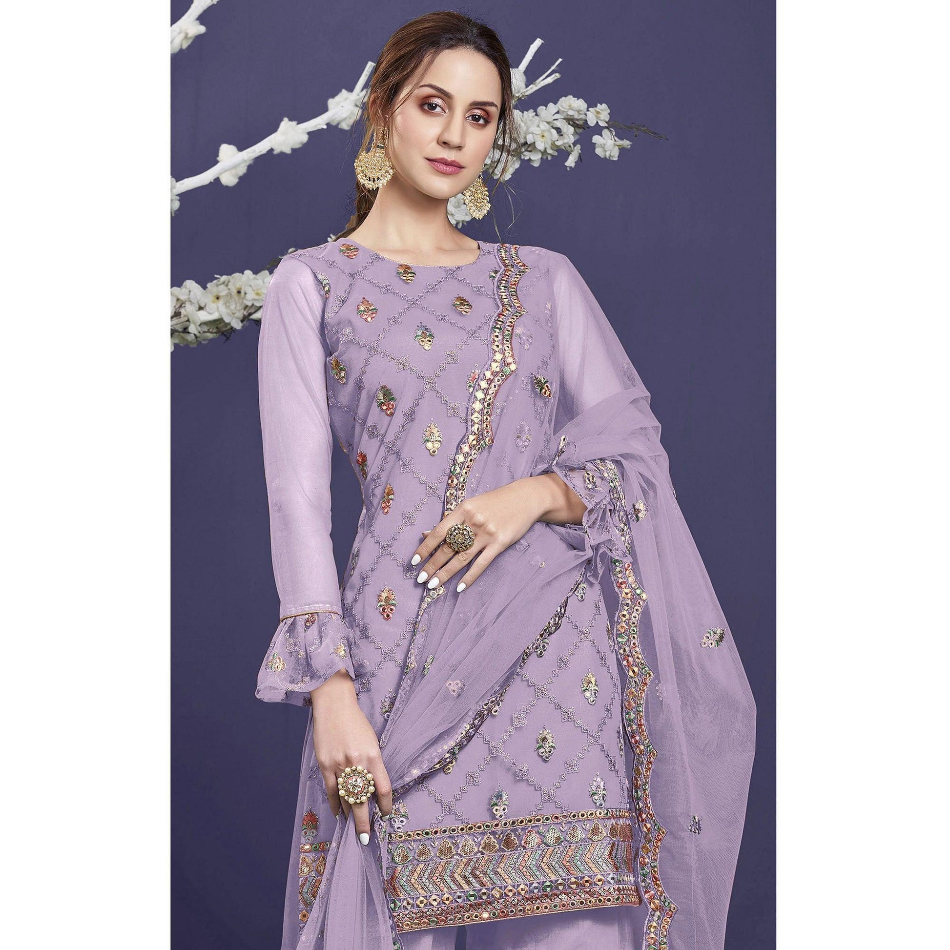 Light Purple Sequins Embroidered Netted Sharara Suit
