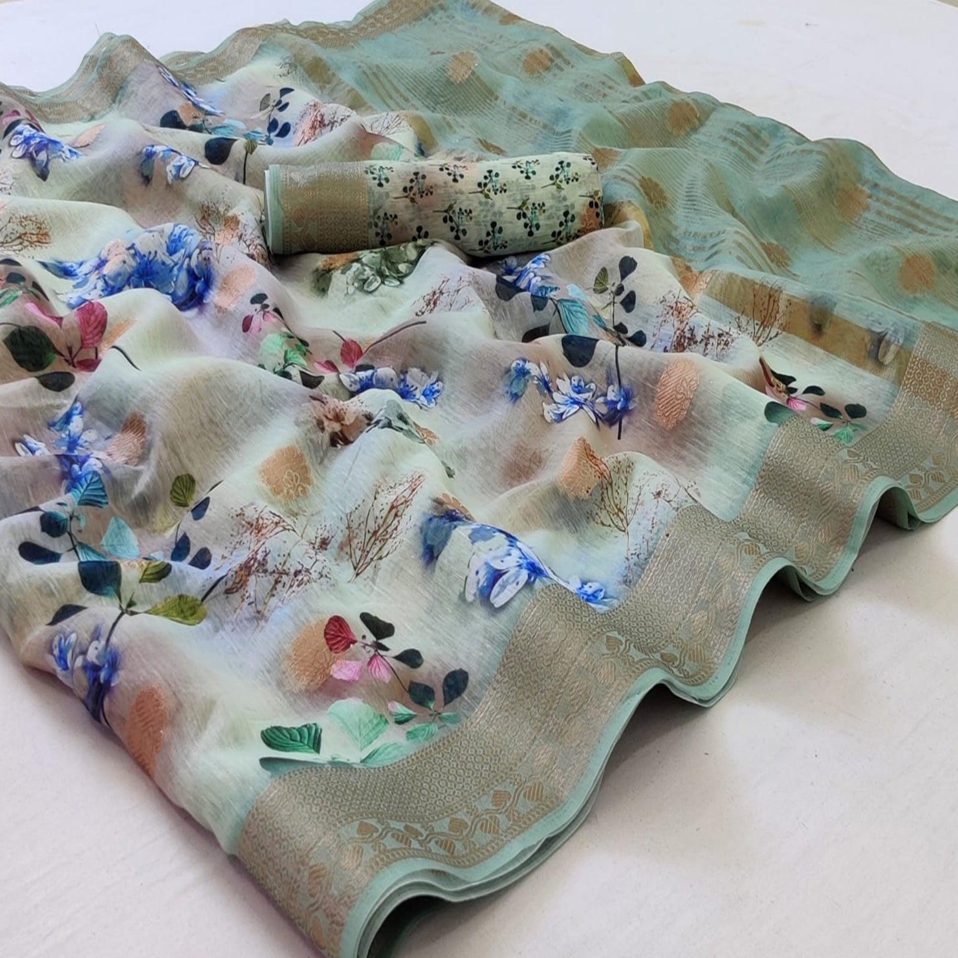 Light Rama Festive Wear Floral Digital Print With Woven Border Handloom Banarasi Silk Saree