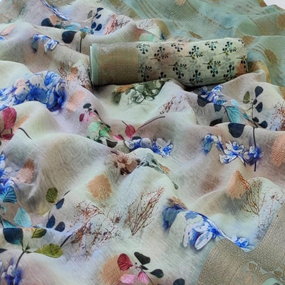 Light Rama Festive Wear Floral Digital Print With Woven Border Handloom Banarasi Silk Saree