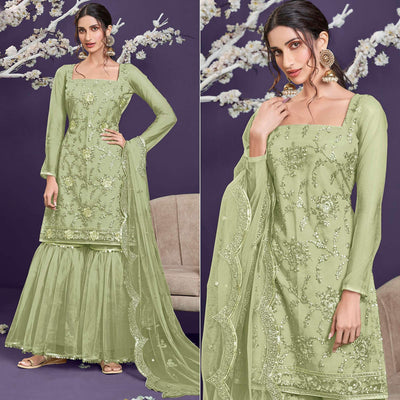 Light Sage Sequins Embroidered Netted Sharara Suit