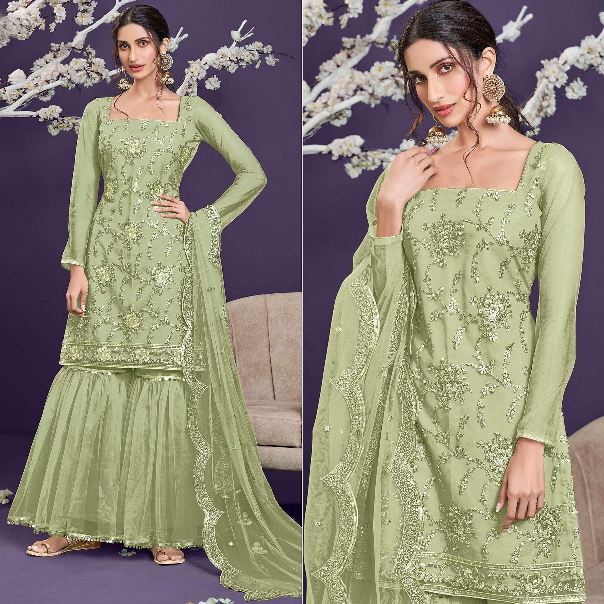 Light Sage Sequins Embroidered Netted Sharara Suit