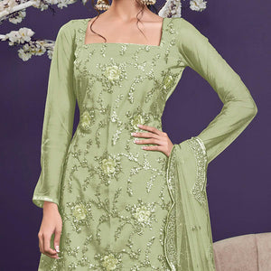 Light Sage Sequins Embroidered Netted Sharara Suit