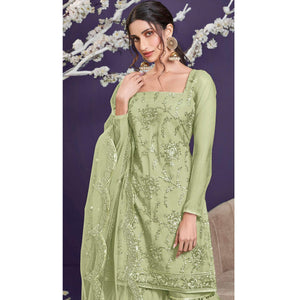 Light Sage Sequins Embroidered Netted Sharara Suit