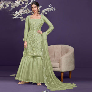 Light Sage Sequins Embroidered Netted Sharara Suit