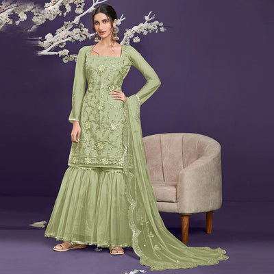 Light Sage Sequins Embroidered Netted Sharara Suit