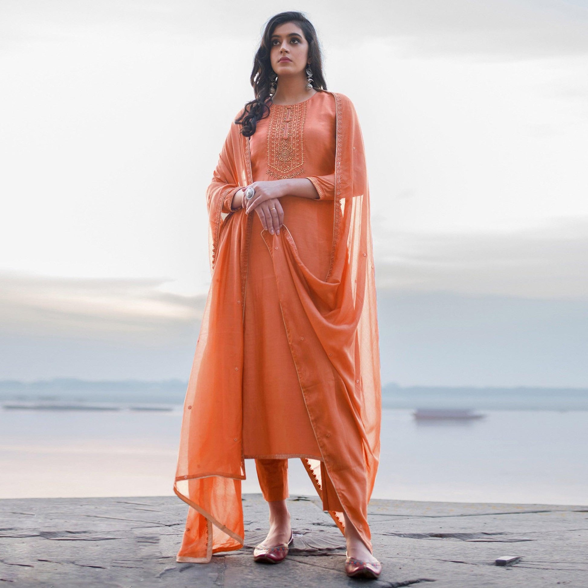 Light Salmon Emboidered Designer Georgette Partywear Suit