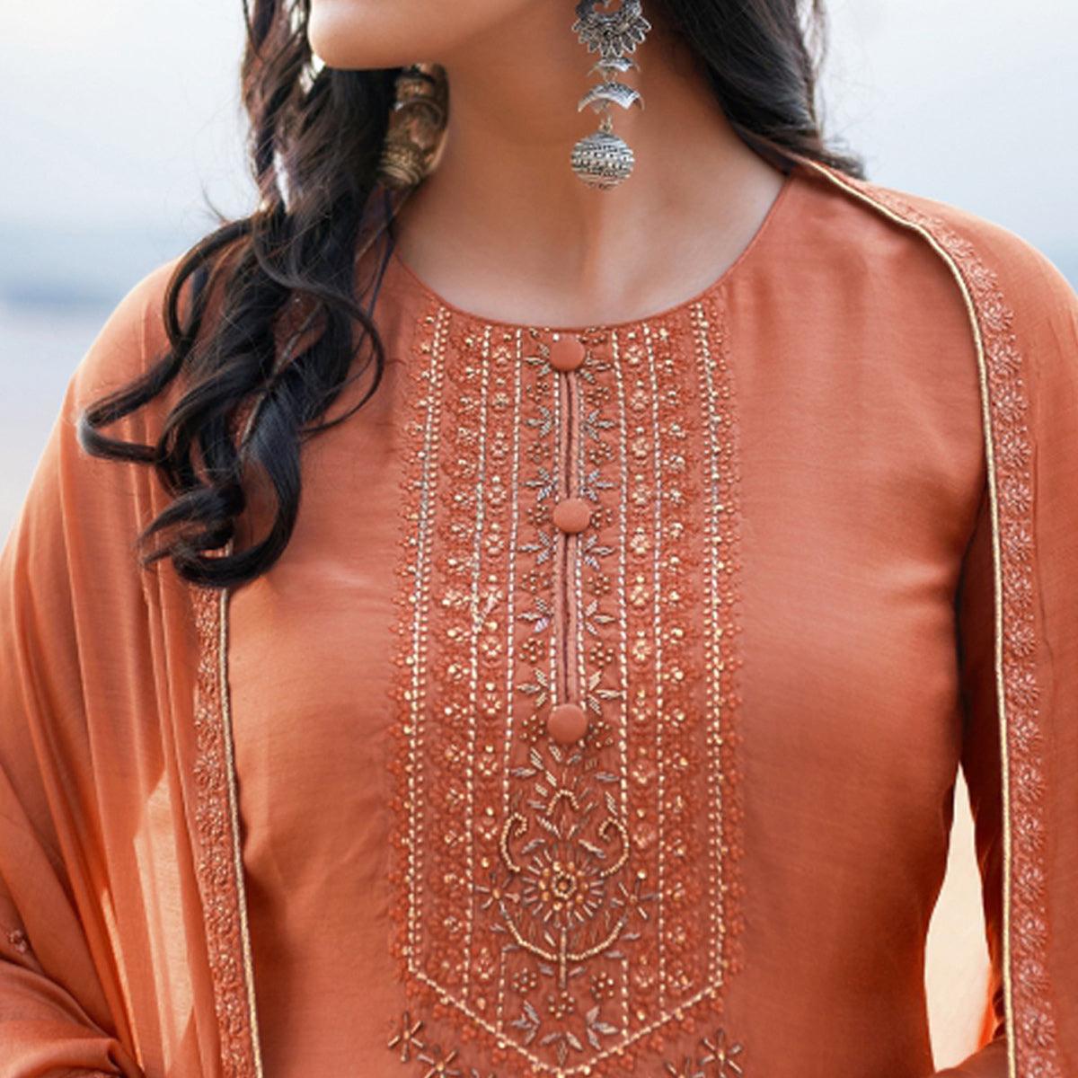 Light Salmon Emboidered Designer Georgette Partywear Suit