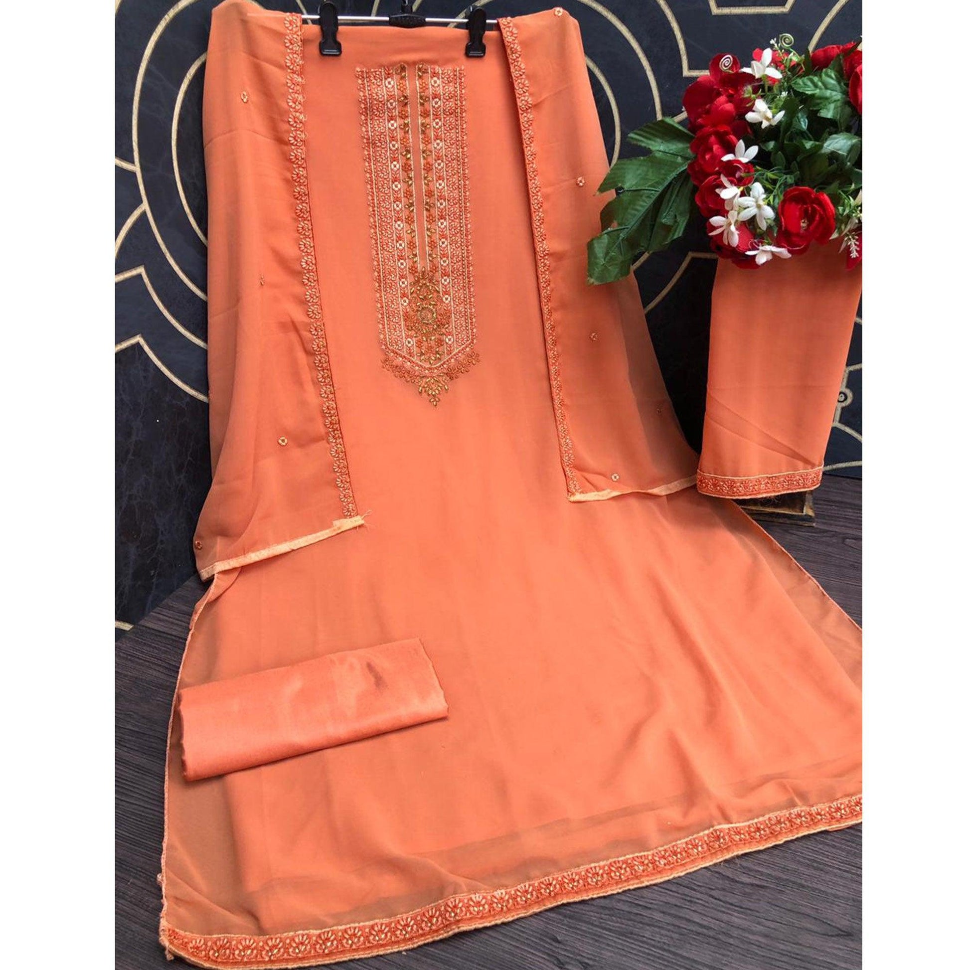 Light Salmon Emboidered Designer Georgette Partywear Suit