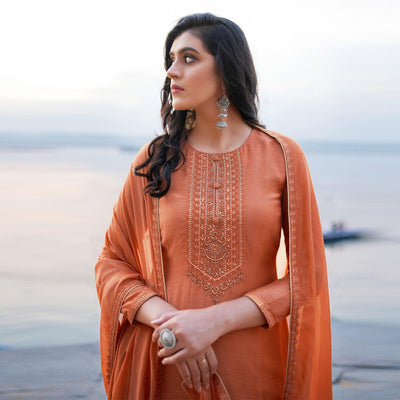 Light Salmon Emboidered Designer Georgette Partywear Suit