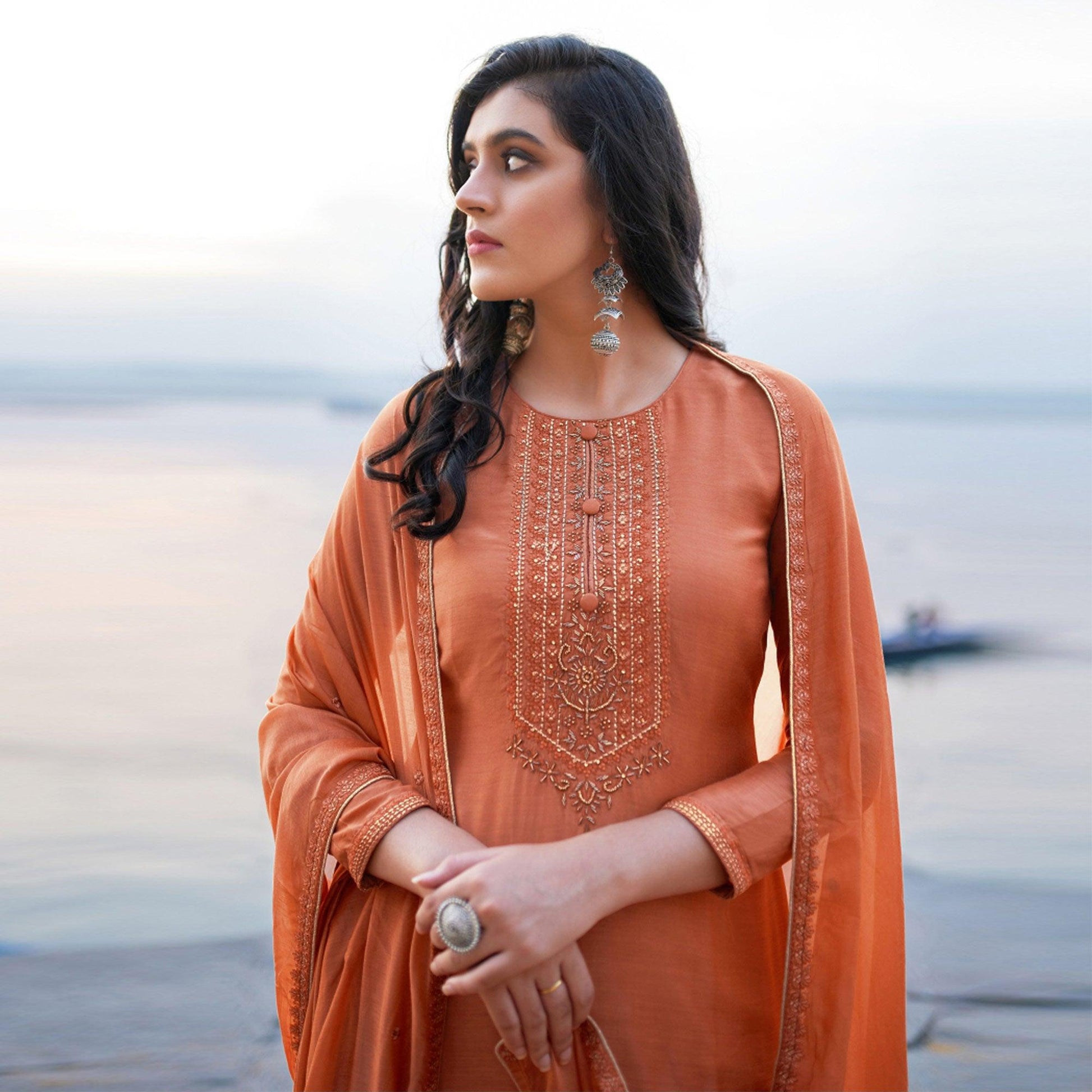 Light Salmon Emboidered Designer Georgette Partywear Suit