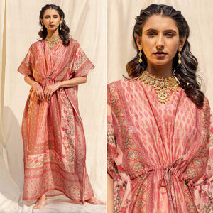 Light Salmon Peach Casual Wear Floral Digtial Printed Silk Kaftan Kurti