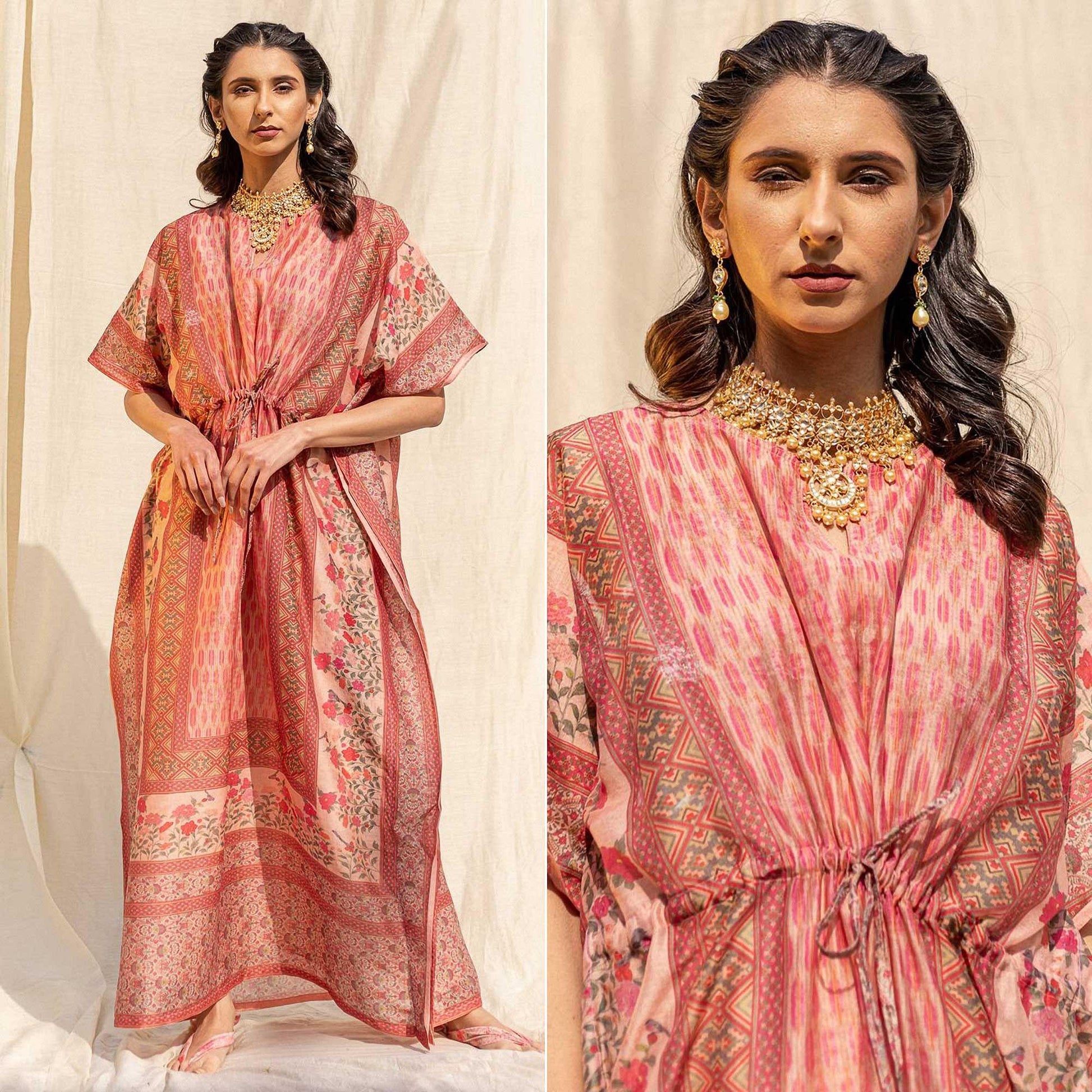 Light Salmon Peach Casual Wear Floral Digtial Printed Silk Kaftan Kurti