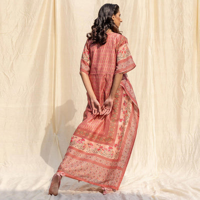 Light Salmon Peach Casual Wear Floral Digtial Printed Silk Kaftan Kurti
