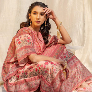 Light Salmon Peach Casual Wear Floral Digtial Printed Silk Kaftan Kurti