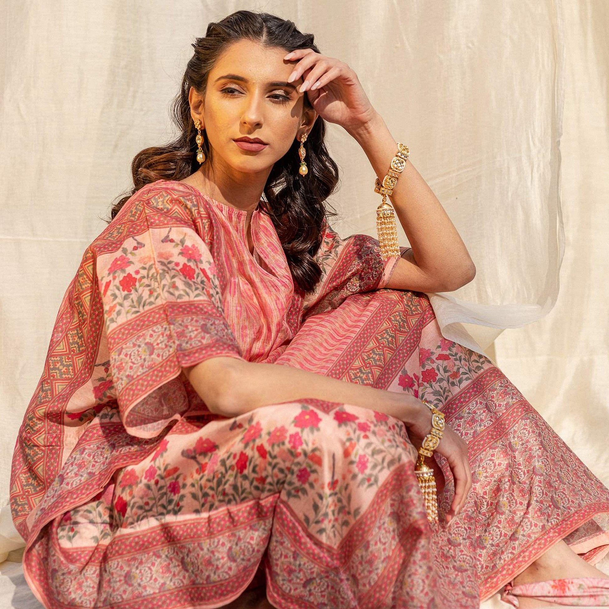 Light Salmon Peach Casual Wear Floral Digtial Printed Silk Kaftan Kurti