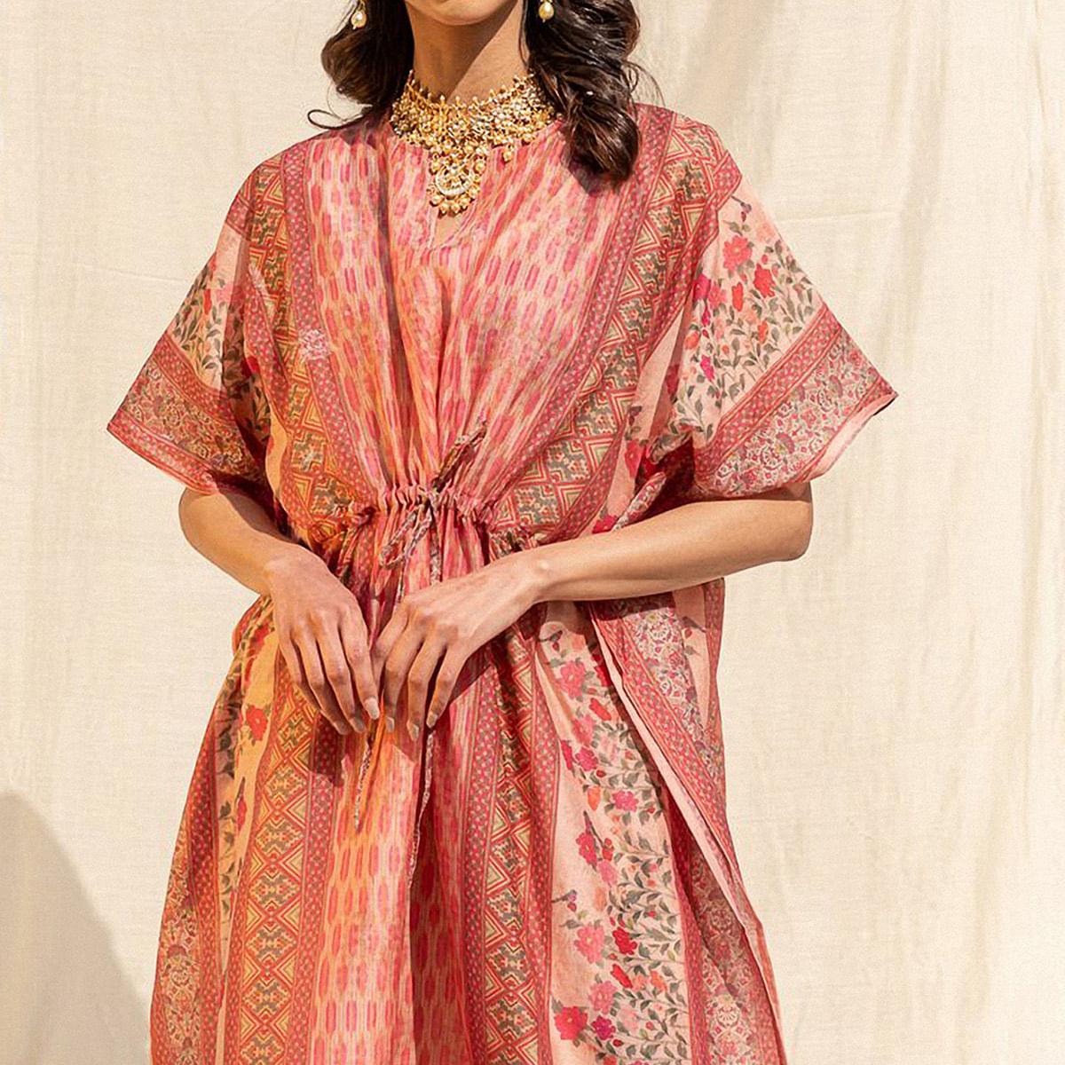 Light Salmon Peach Casual Wear Floral Digtial Printed Silk Kaftan Kurti