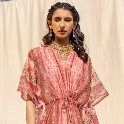 Light Salmon Peach Casual Wear Floral Digtial Printed Silk Kaftan Kurti