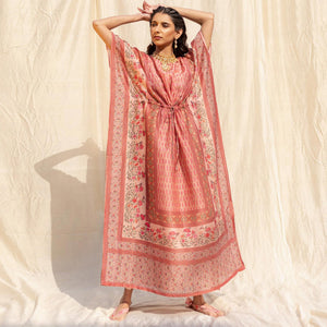 Light Salmon Peach Casual Wear Floral Digtial Printed Silk Kaftan Kurti