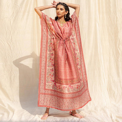 Light Salmon Peach Casual Wear Floral Digtial Printed Silk Kaftan Kurti