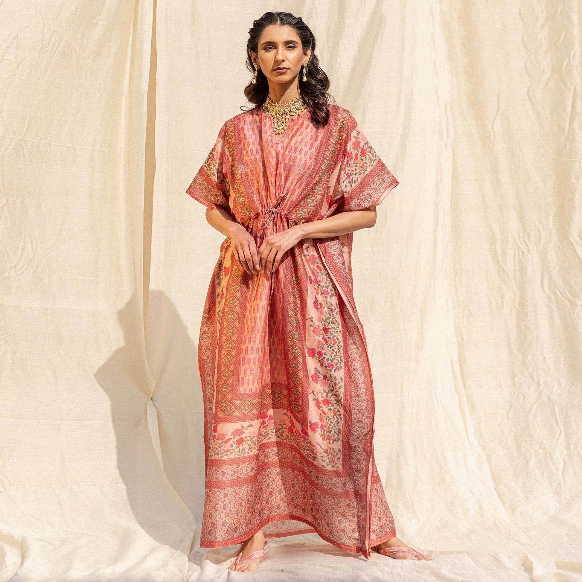 Light Salmon Peach Casual Wear Floral Digtial Printed Silk Kaftan Kurti