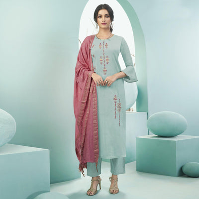 Light Sea Green Casual Wear Embroidered Cotton Suit
