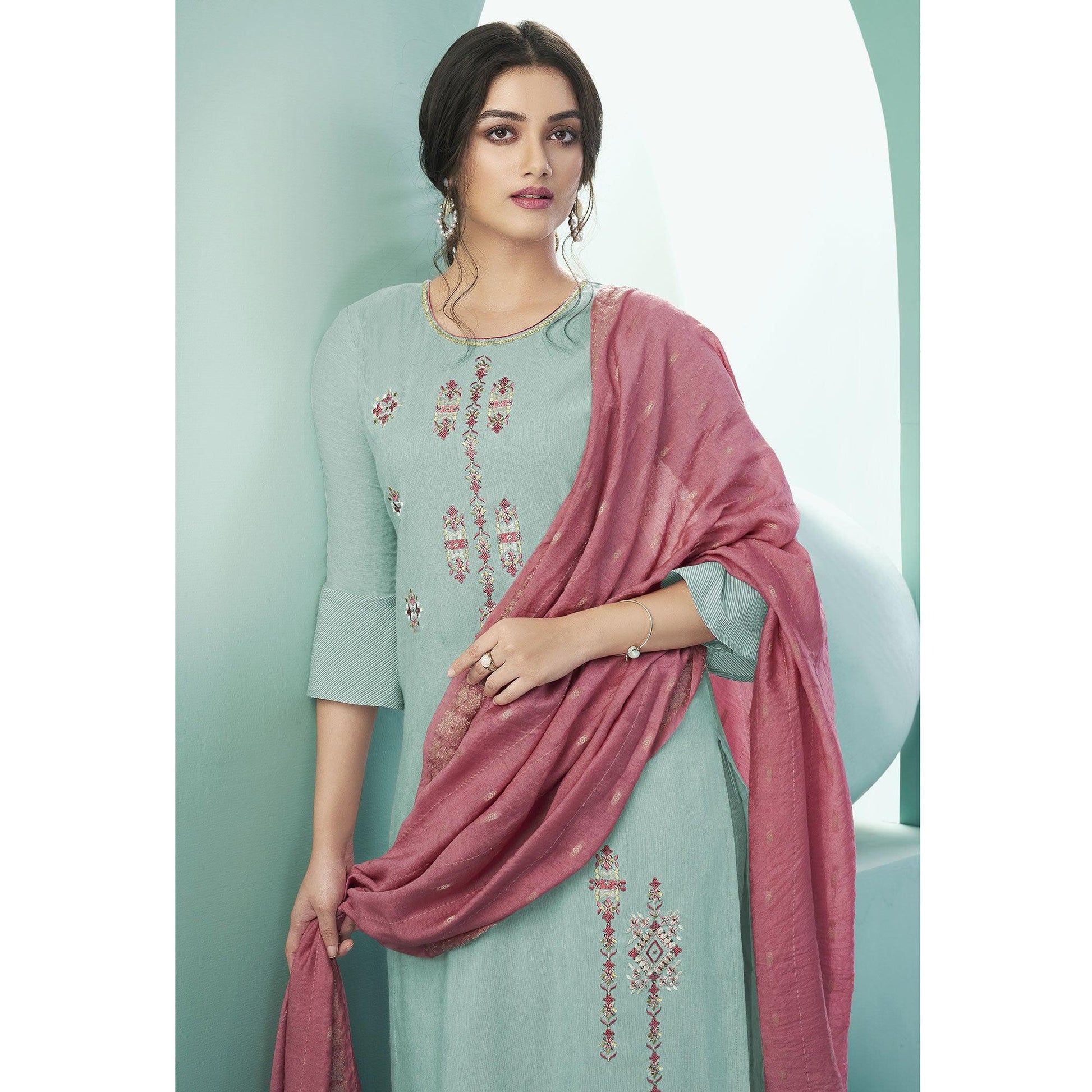 Light Sea Green Casual Wear Embroidered Cotton Suit