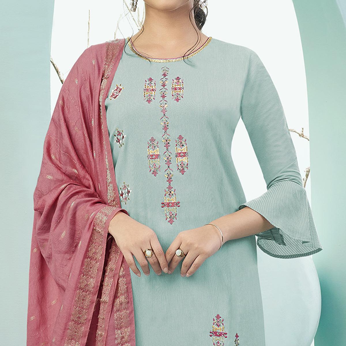 Light Sea Green Casual Wear Embroidered Cotton Suit