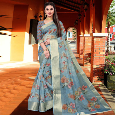 light Sky Blue Party Wear Floral Digital Printed With Jacquard Border Soft Georgette Saree