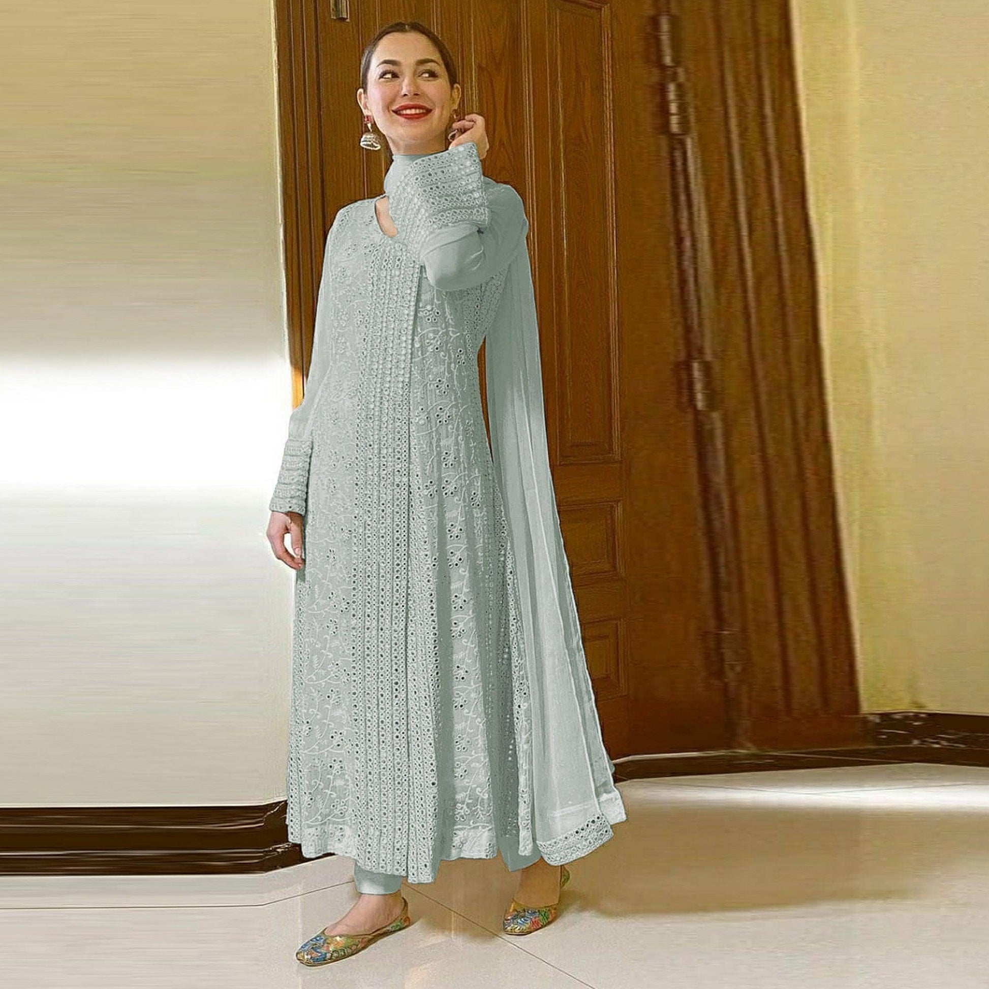 Light Sky Blue Sequins Embroidered Georgette Suit