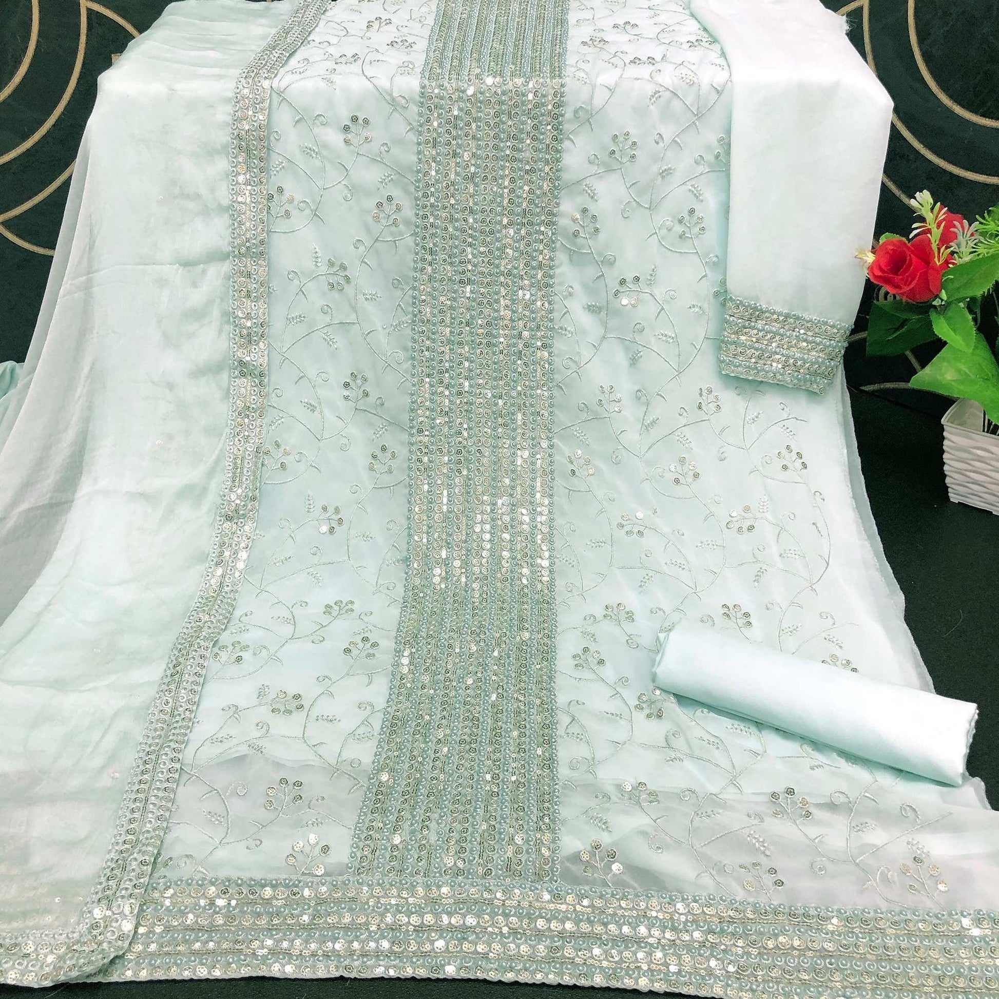 Light Sky Blue Sequins Embroidered Georgette Suit