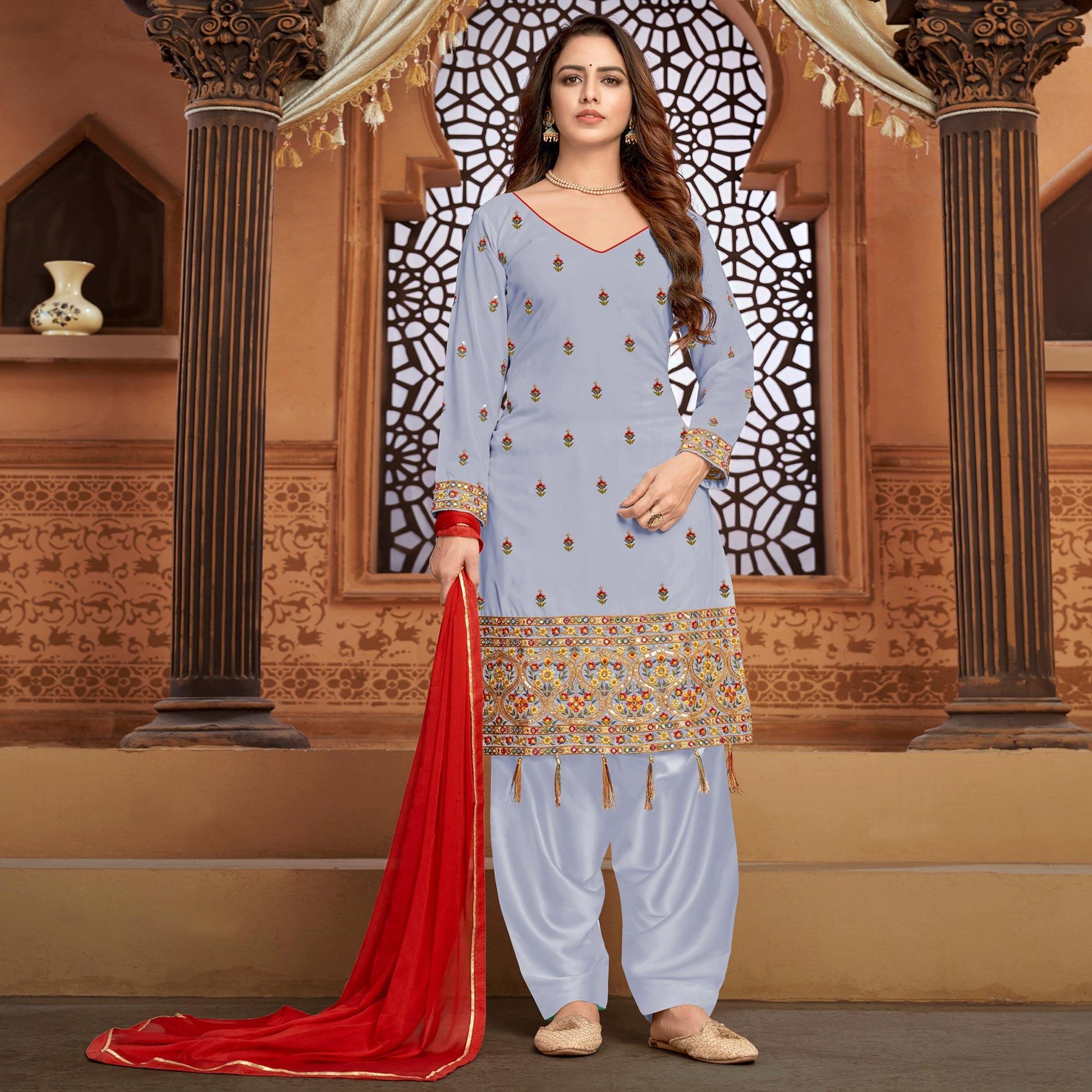Light Steel Blue Partywear Designer Floral Embroidered Faux Georgette Patiyala Suit