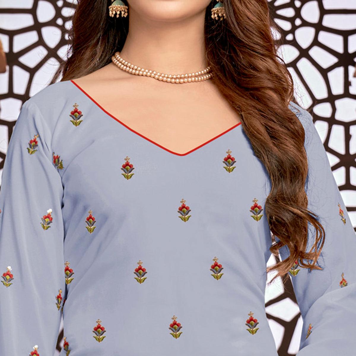 Light Steel Blue Partywear Designer Floral Embroidered Faux Georgette Patiyala Suit