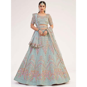 Light Turquoise Blue Wedding Wear Embellished Heavy Butterfly Net Lehenga Choli