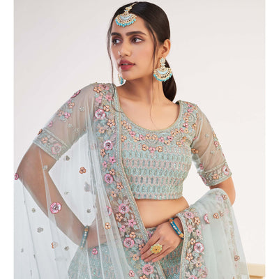 Light Turquoise Blue Wedding Wear Embellished Heavy Butterfly Net Lehenga Choli