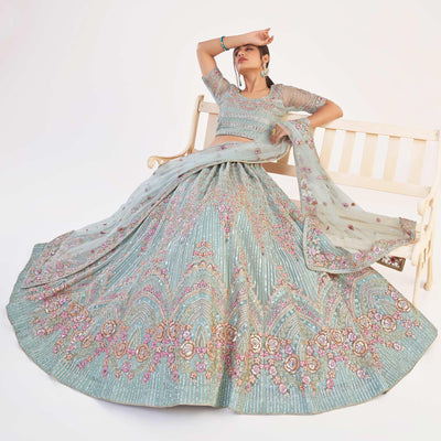 Light Turquoise Blue Wedding Wear Embellished Heavy Butterfly Net Lehenga Choli