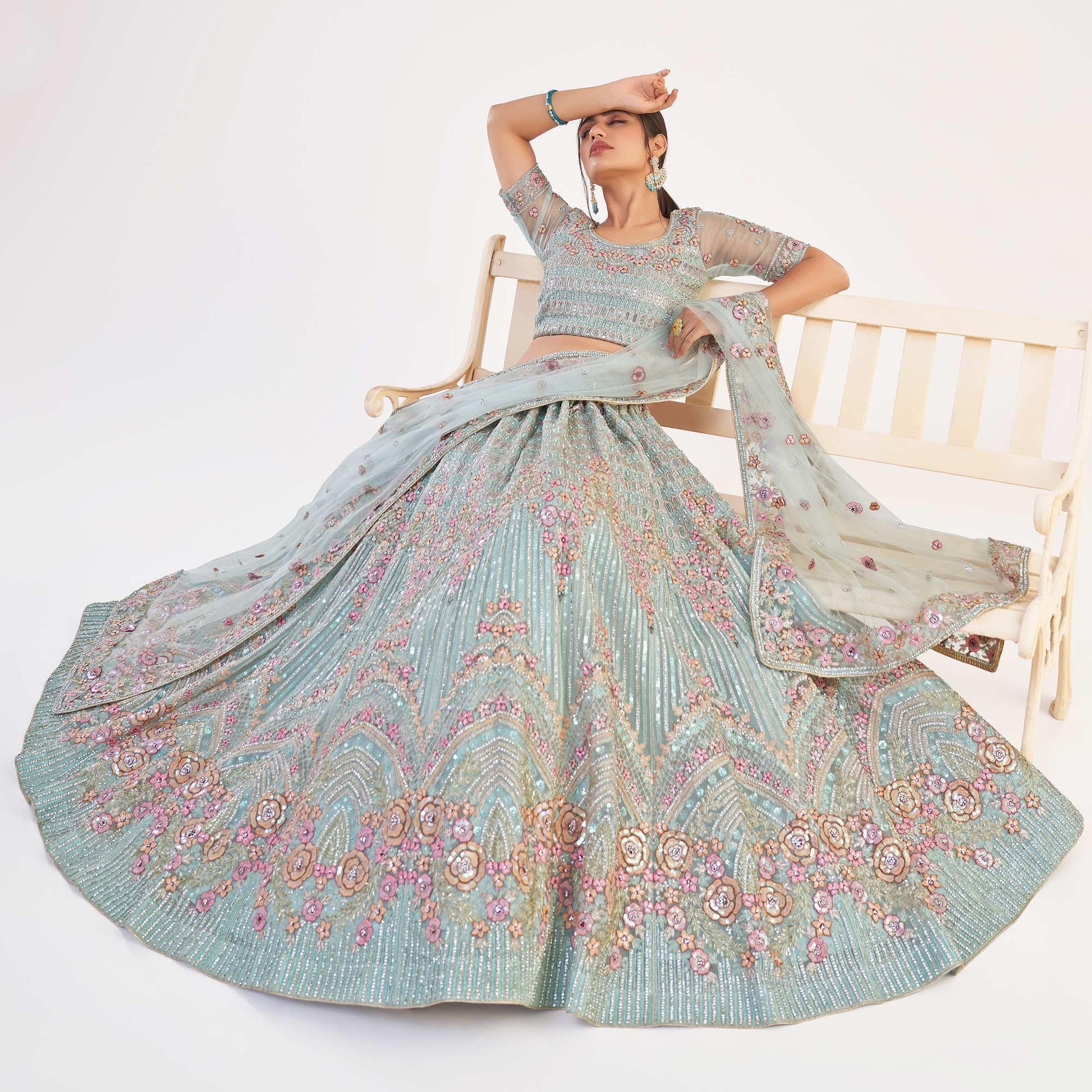 Light Turquoise Blue Wedding Wear Embellished Heavy Butterfly Net Lehenga Choli