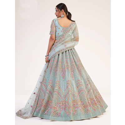 Light Turquoise Blue Wedding Wear Embellished Heavy Butterfly Net Lehenga Choli