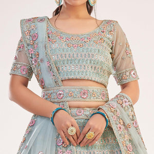 Light Turquoise Blue Wedding Wear Embellished Heavy Butterfly Net Lehenga Choli