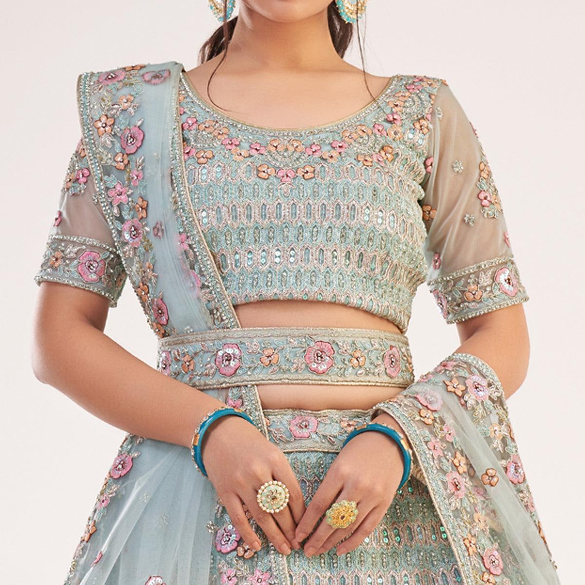 Light Turquoise Blue Wedding Wear Embellished Heavy Butterfly Net Lehenga Choli