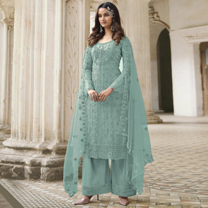 Light Turquoise Embroidered With Embellished Net Palazzo Suit