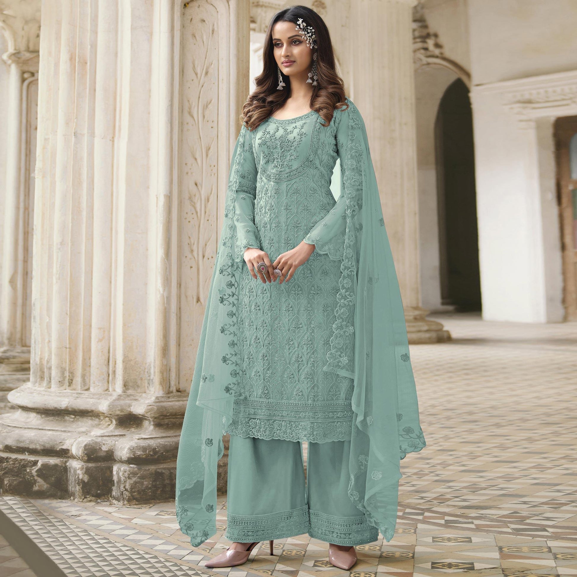 Light Turquoise Embroidered With Embellished Net Palazzo Suit